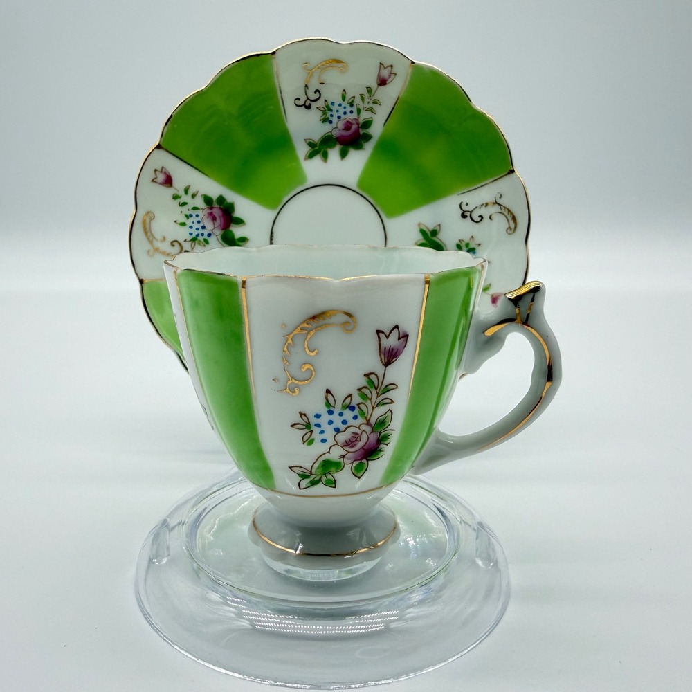 Vintage Japan Porcelain Teacup and Saucer Set Green White Floral Gold Gilt Trim